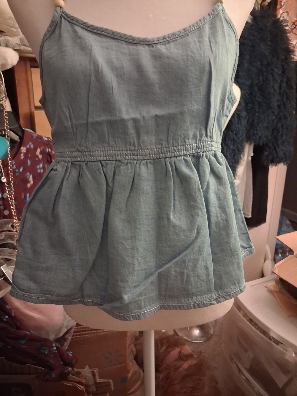 New,tag,Denim Empire Waist Cropped Peplum Top Adjustable Spaghetti Strap Size M